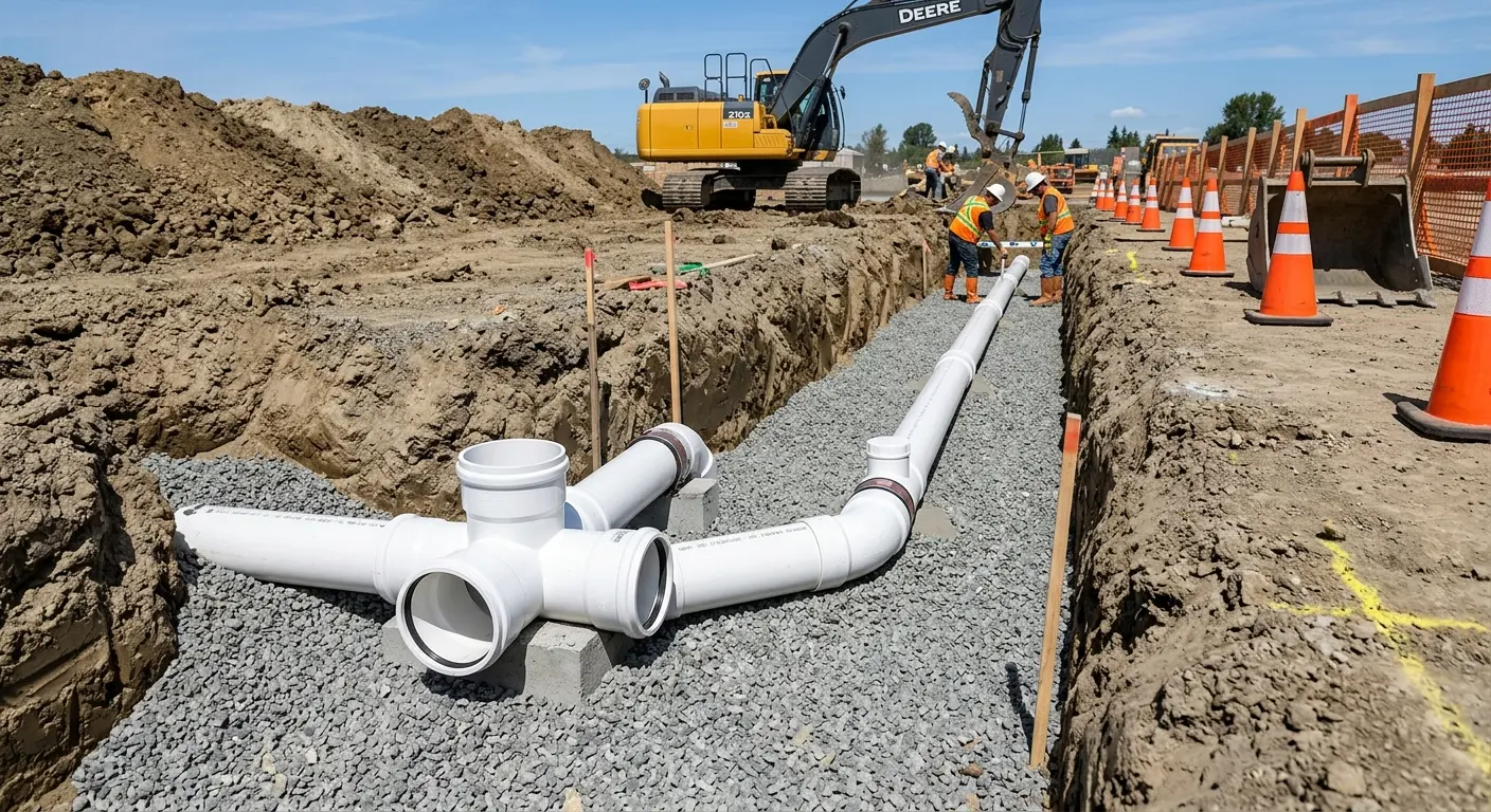 New PVC sewer pipe installation in open trench for Commercial Drain Cleaning in North Lauderdale