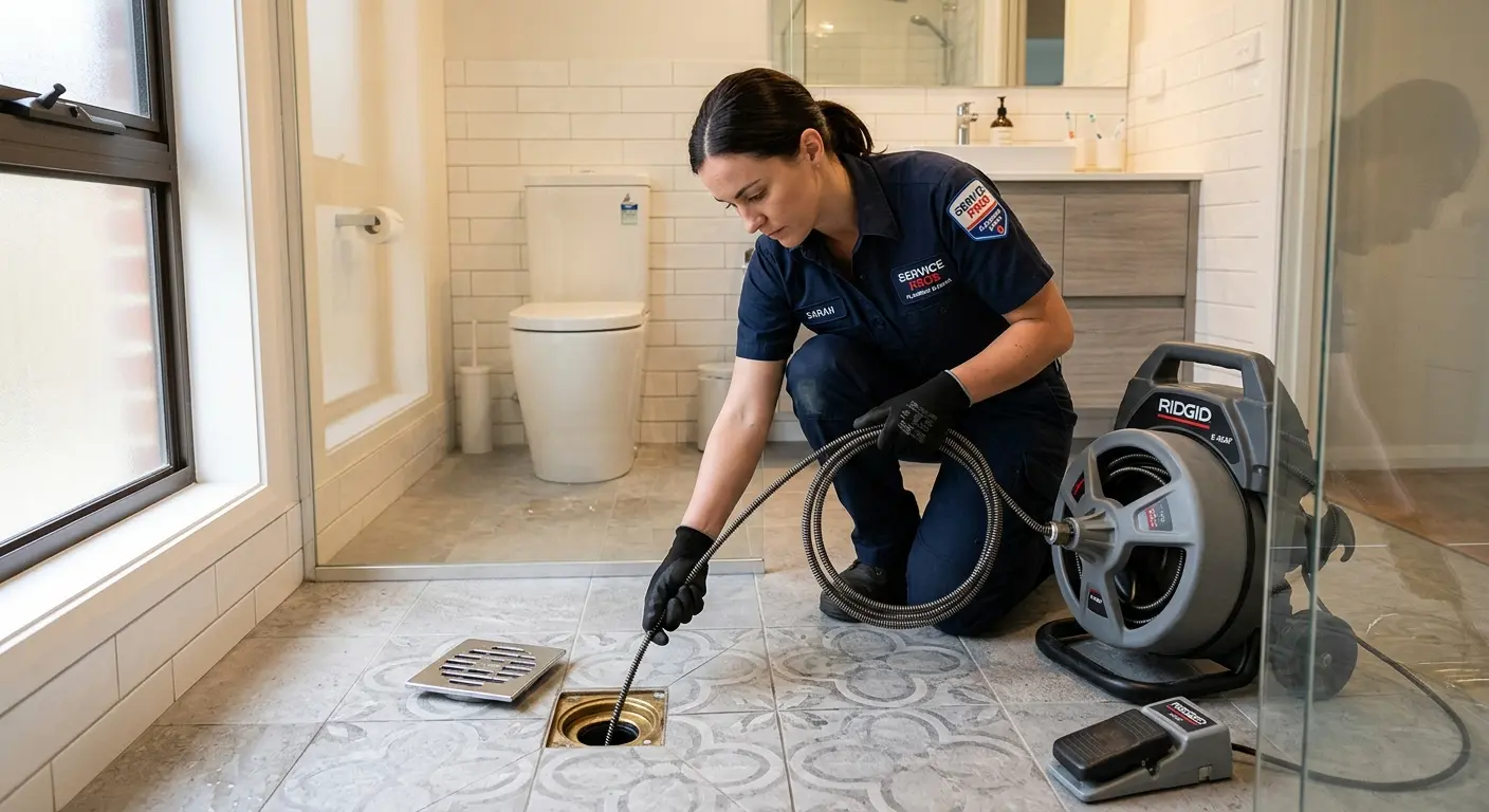 Technician clearing a bathroom floor drain for Sewer Line Replacement in North Lauderdale